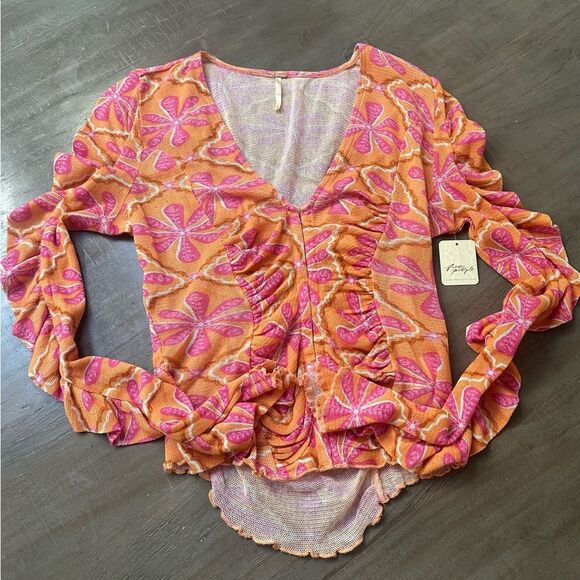 Free People Through the Meadow long, ruched sleeved top. - Picture 3 of 6